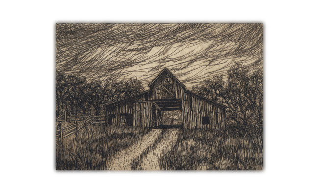 Stormy Day Barn — etching 1-1